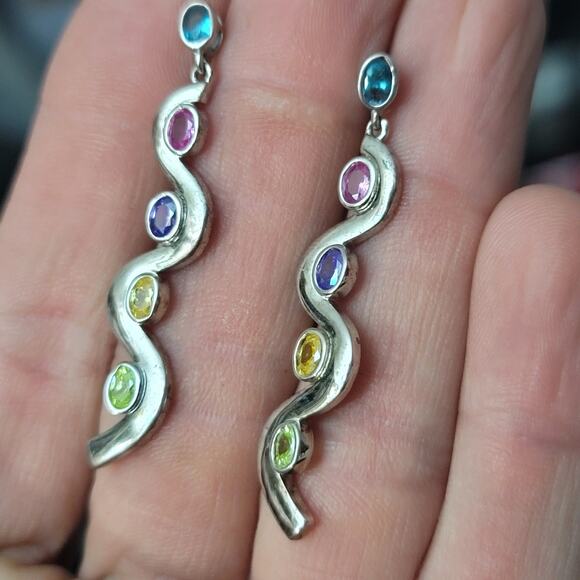 Sterling Silver Multi Stone Squiggly Dangle Earrings - Picture 3 of 9